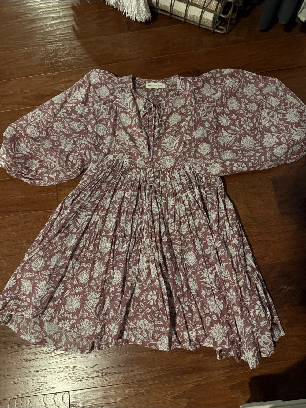 Daughters of India Mauve Floral Smock Dress with off-white Print XS